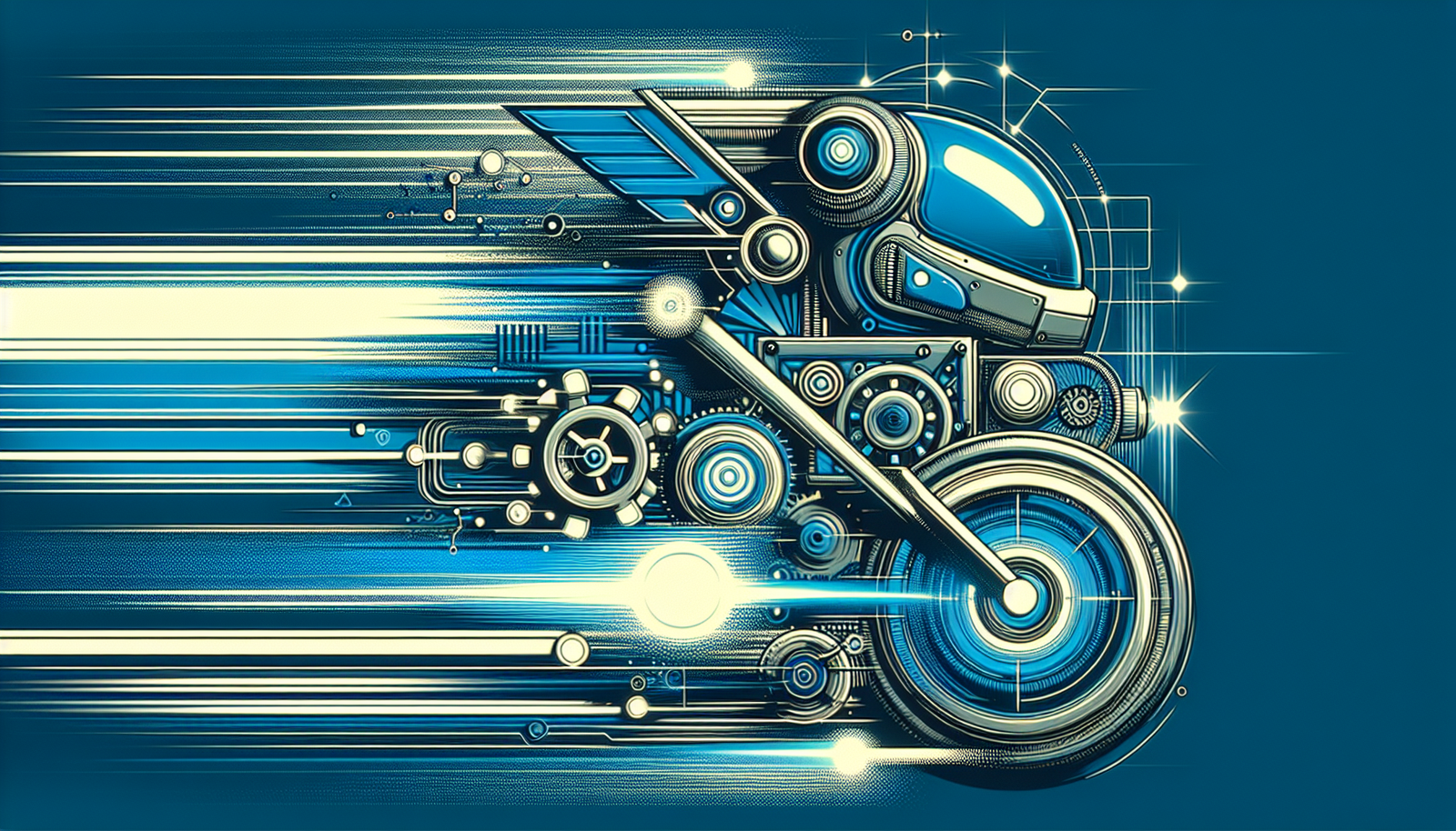 Futuristic illustration of a high-speed motorcycle designed with mechanical gears and digital elements, symbolizing speed and innovation in AI technology.