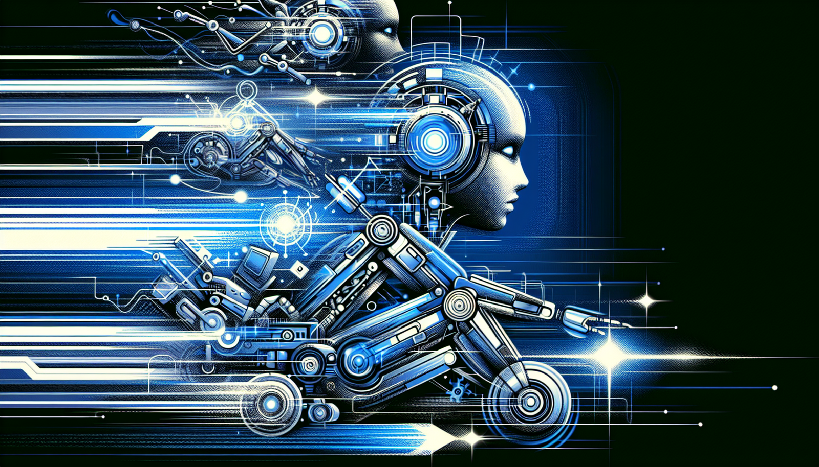 Futuristic illustration of AI-powered robots in motion, symbolizing the rapid advancement of artificial intelligence and machine automation.