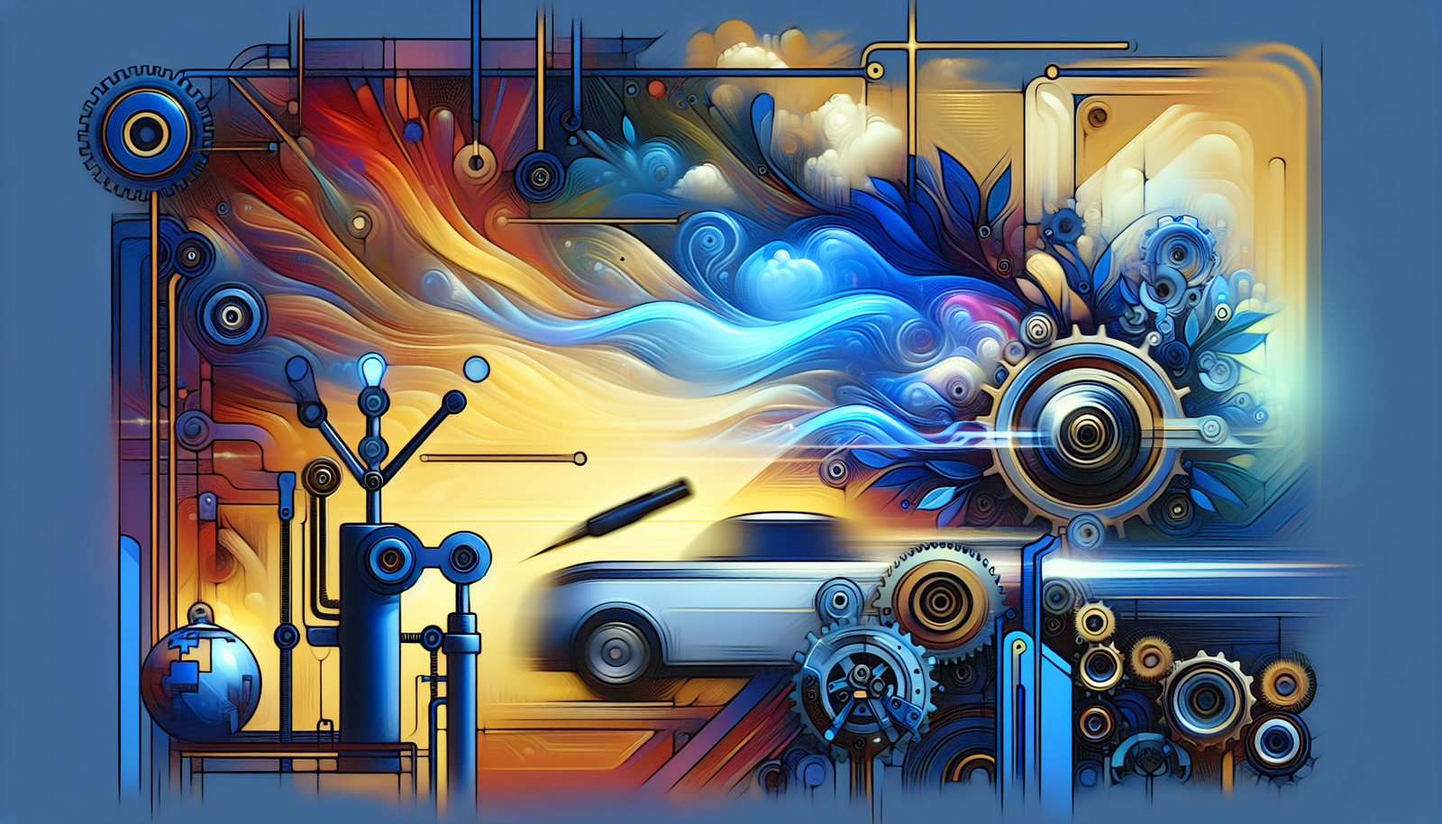 Vibrant futuristic illustration of AI-driven customer service automation, featuring gears, digital elements, and abstract flow lines representing seamless and efficient AI integration.